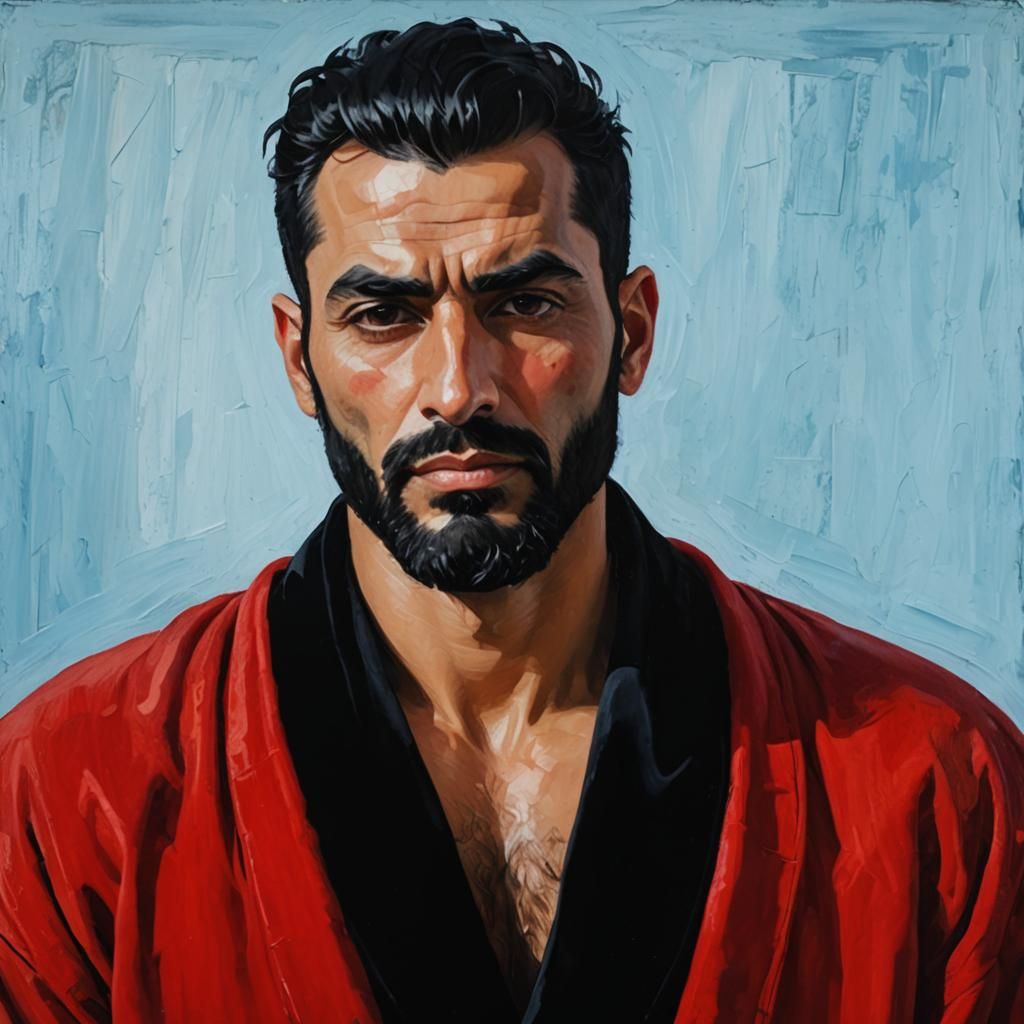 Expressionist Portrait of Man in Red Robe as Impasto Paintin...