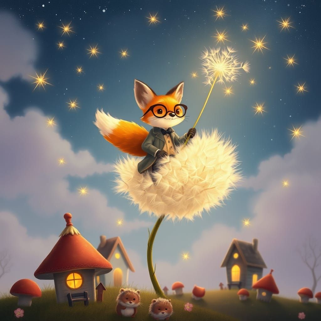 Victorian Fox Rides Dandelion in Starry Sky