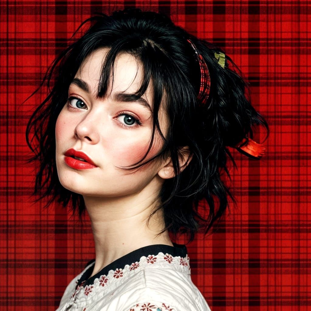 Ethereal Bjork in a Vibrant Red Plaid Aesthetic