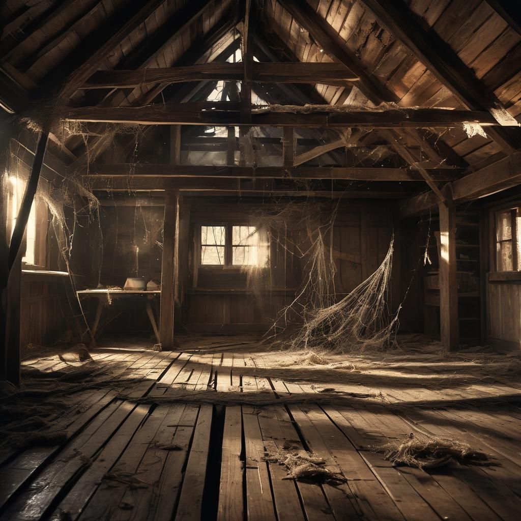 Creepy Wooden Attic Scene with Spiderwebs