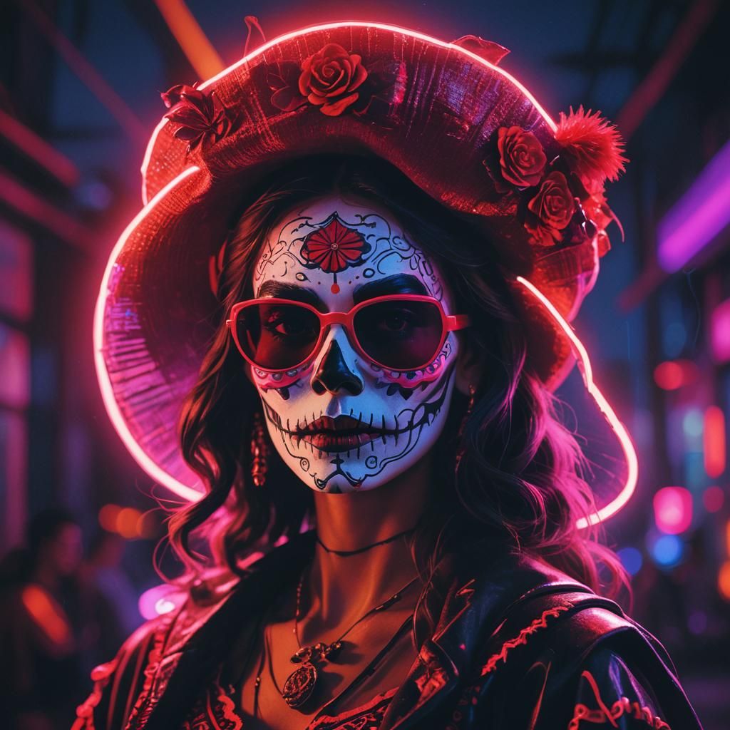 Colombian Catrina in Synthwave Neon Retro Style