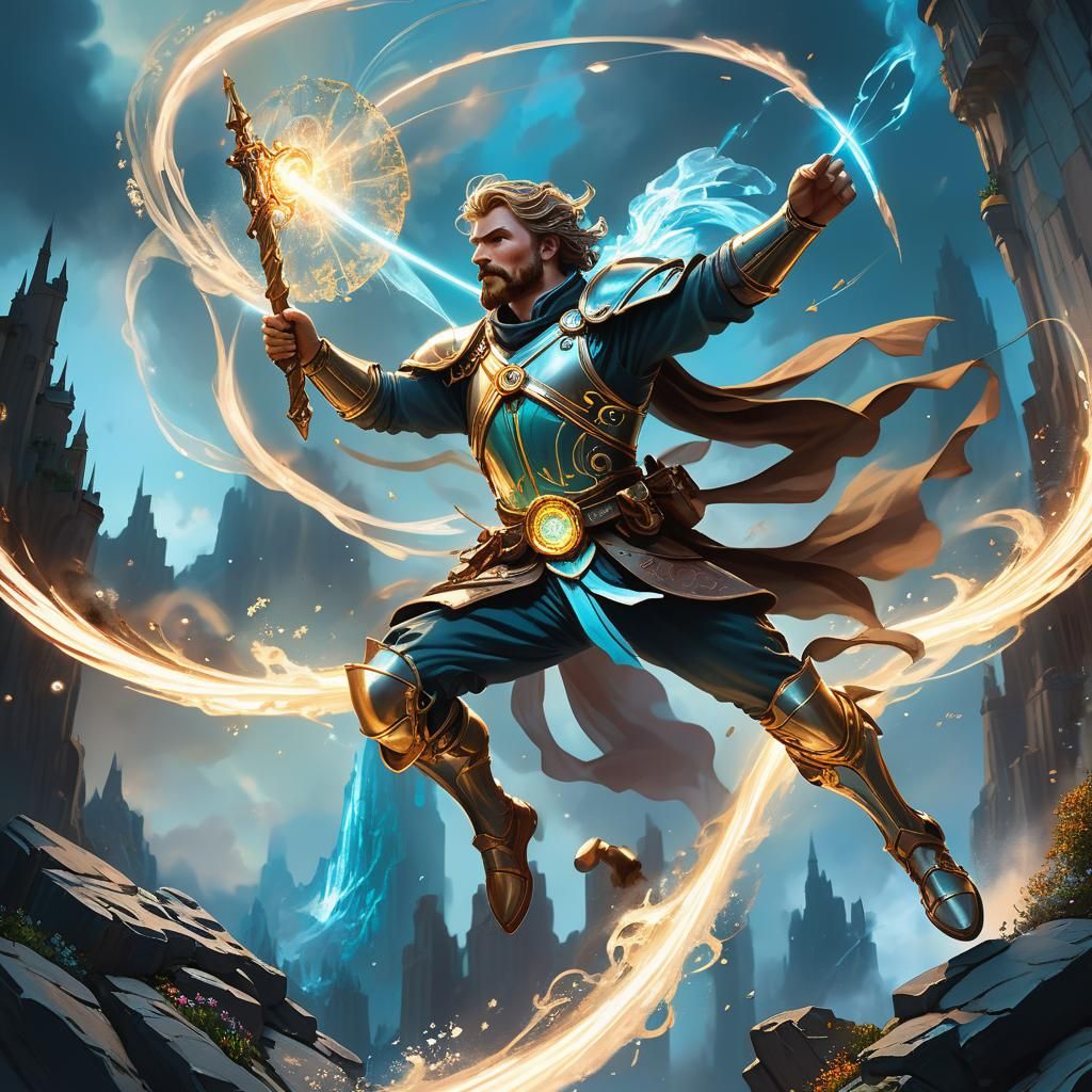 Fantasy Warrior's Dramatic Dive: Elemental Lance Art