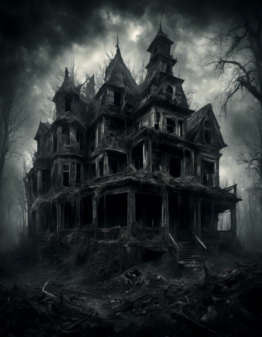 Spectral Haunted House in Desolate Greyscale Landscape