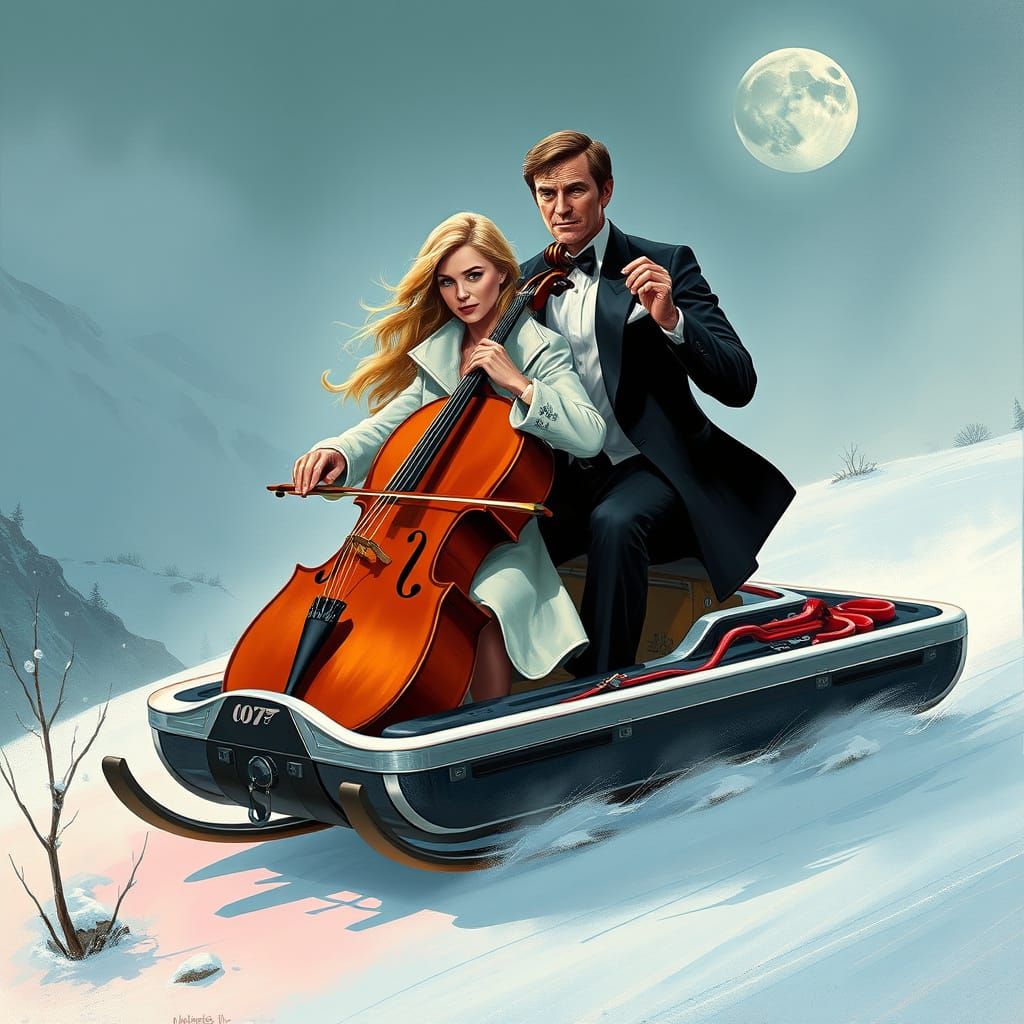 James Bond and Blonde Cellist Fleeing on High-Tech Cello Sle...