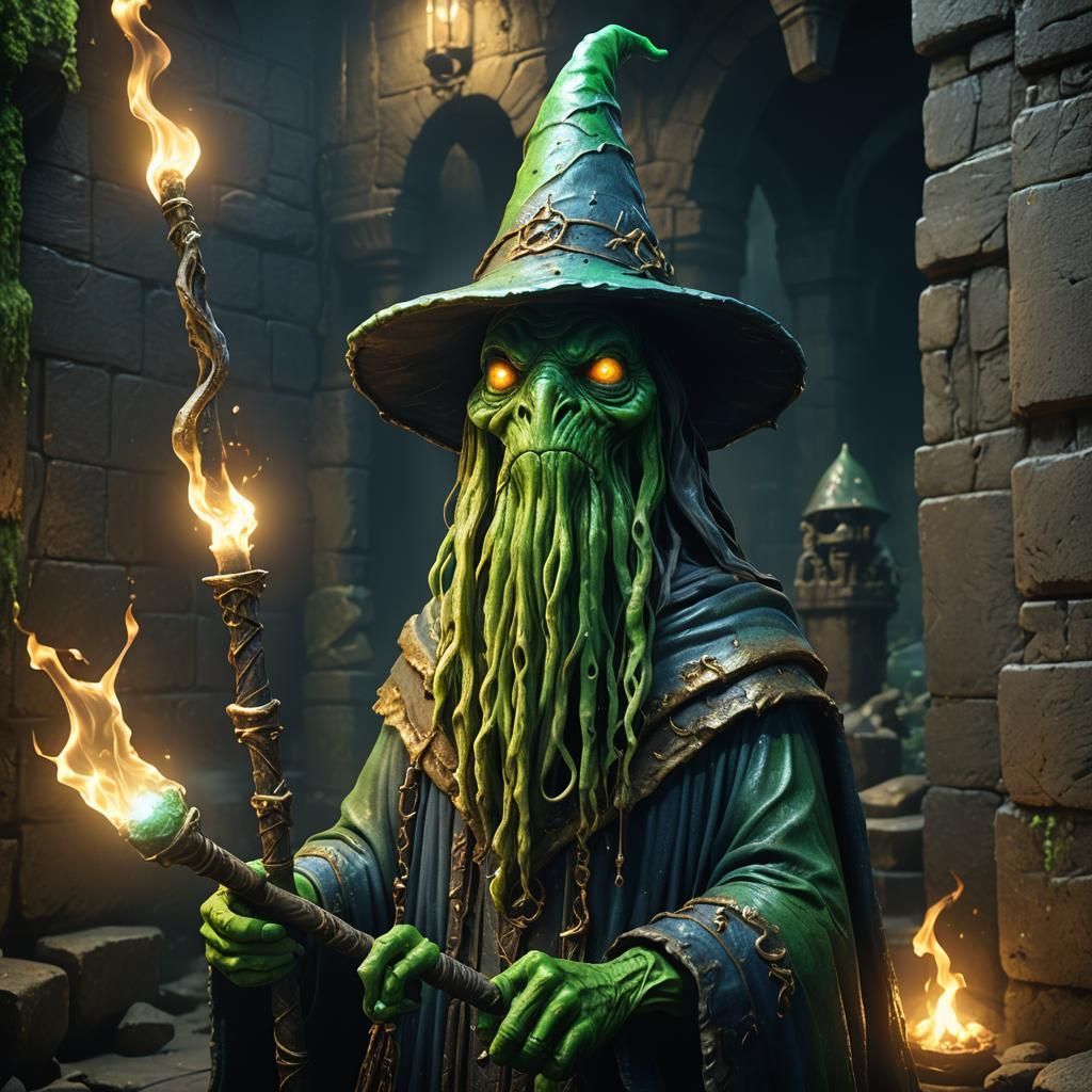 Green Slime Wizard in Dimly Lit Dungeon