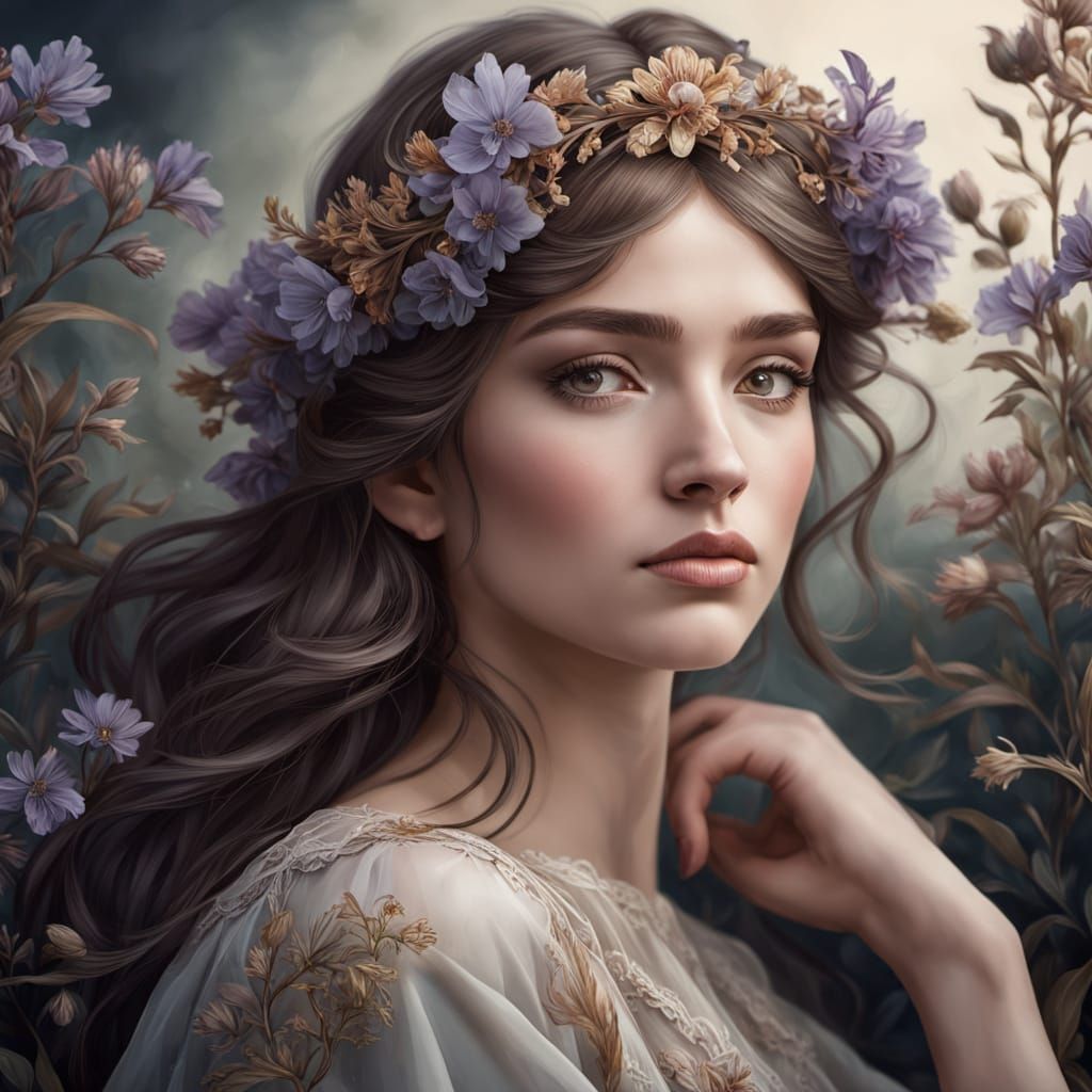 Art Nouveau Girl with Wildflowers in Ethereal Style