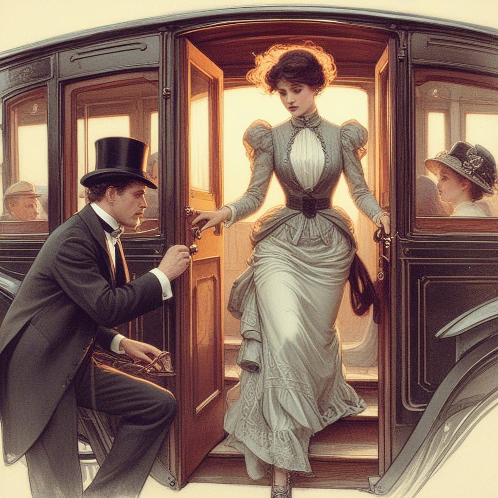 Edwardian Gentleman Assists Lady from Carriage in Art Nouvea...