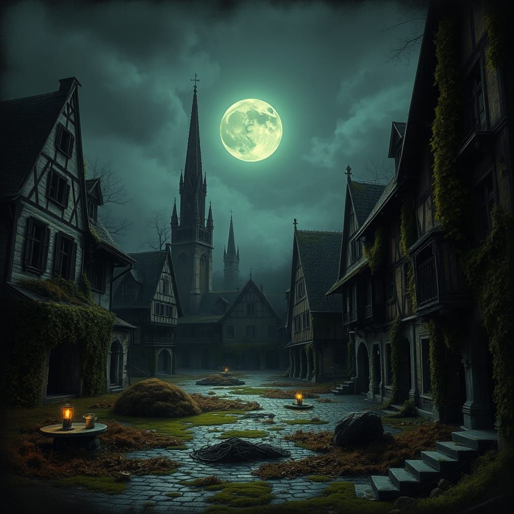Ruined Medieval Town Square Under Green Moon