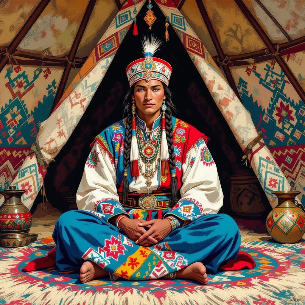 Russian Shaman in Colorful Yurt, in Fairy-Tale Style