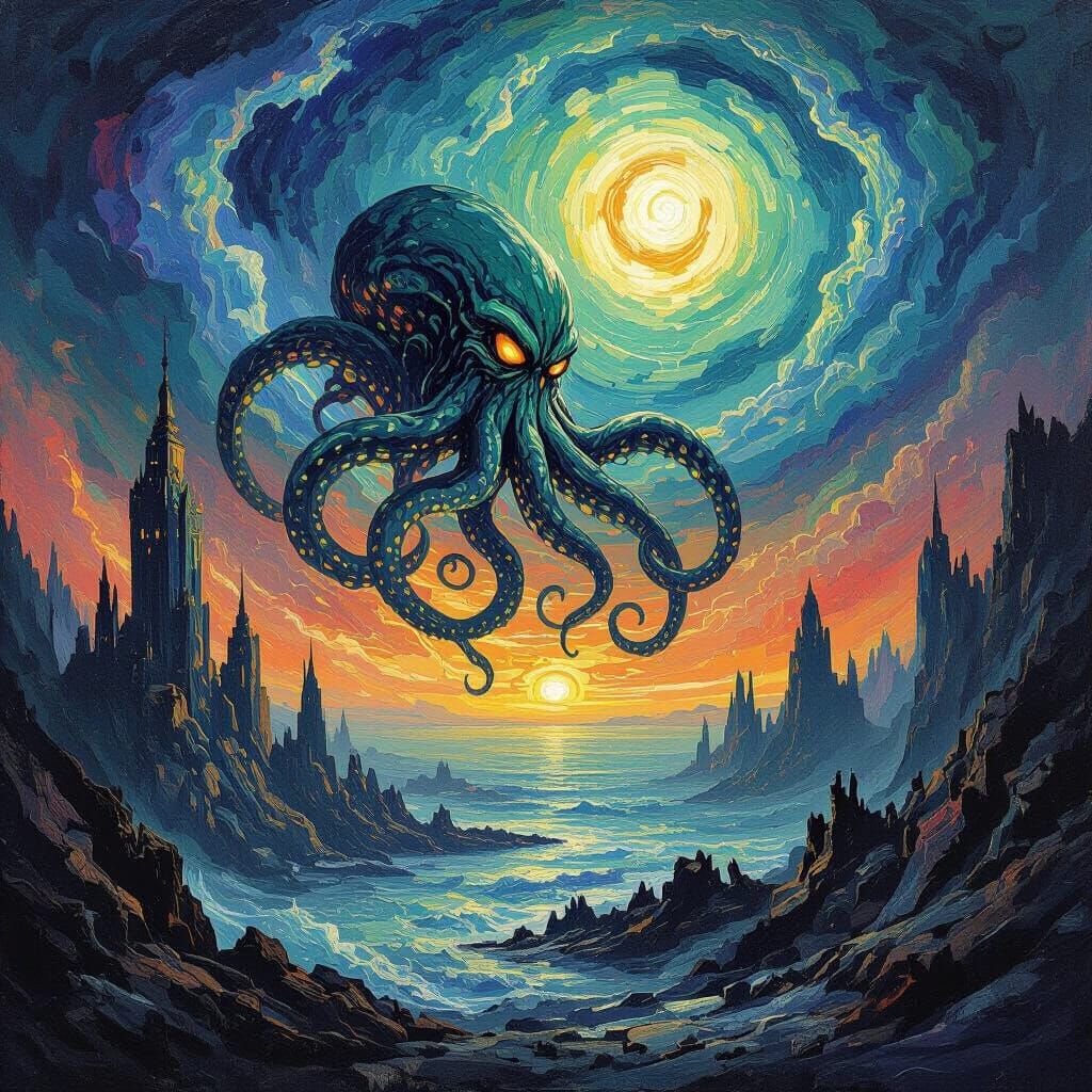 Cosmic Horror Landscape in Van Gogh Style