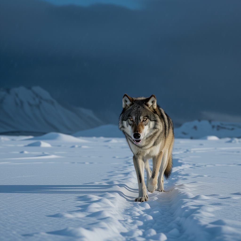 Lone Wolf in Stormy Snowscape Cinematic Film Still