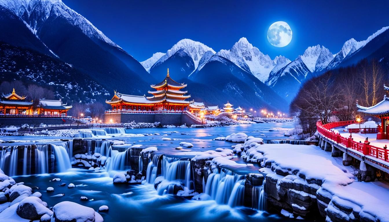 Winter Temple Under Moonlight in Mountain Landscape