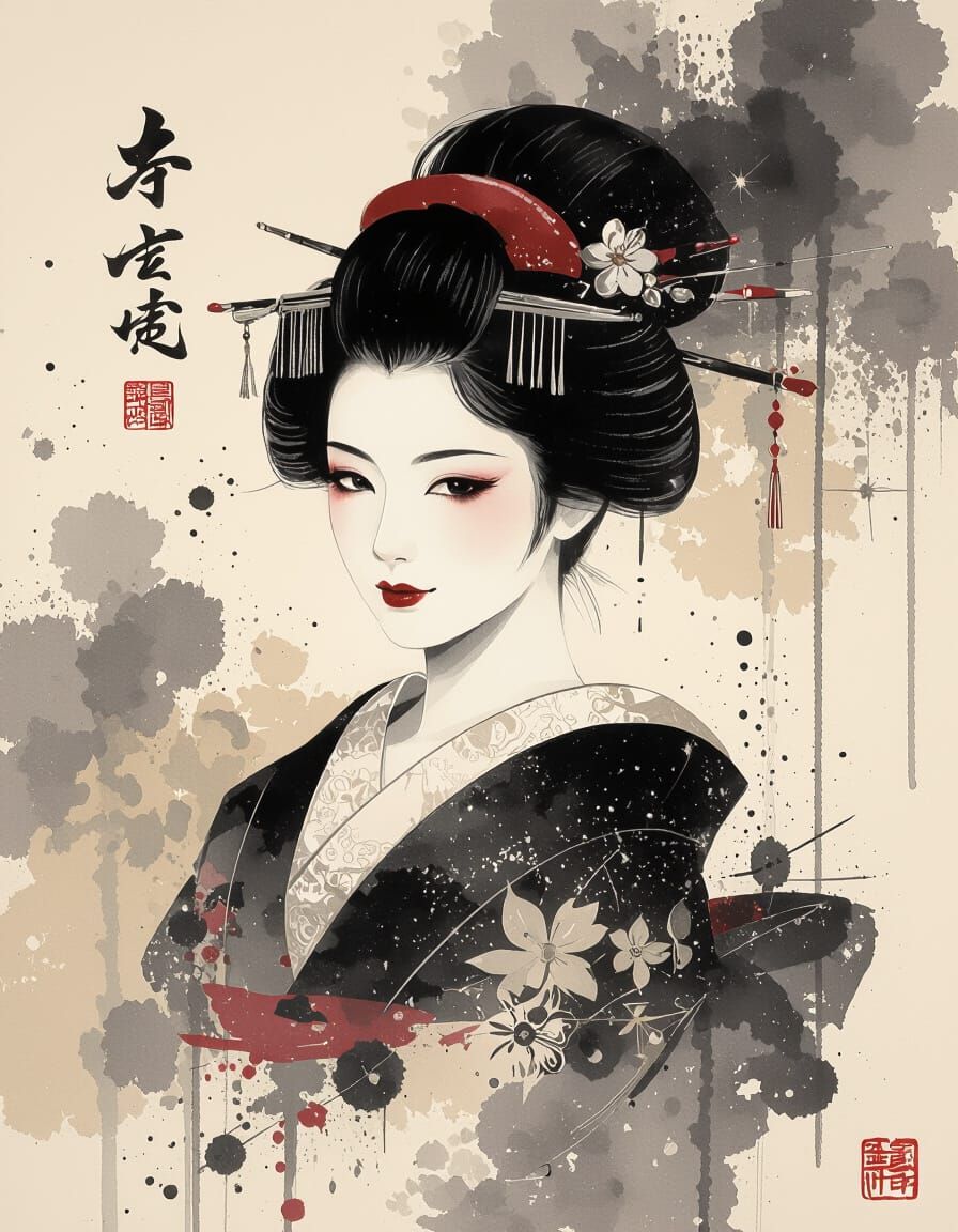 geisha, Chinese ink painting, black and beige and cream, , s...