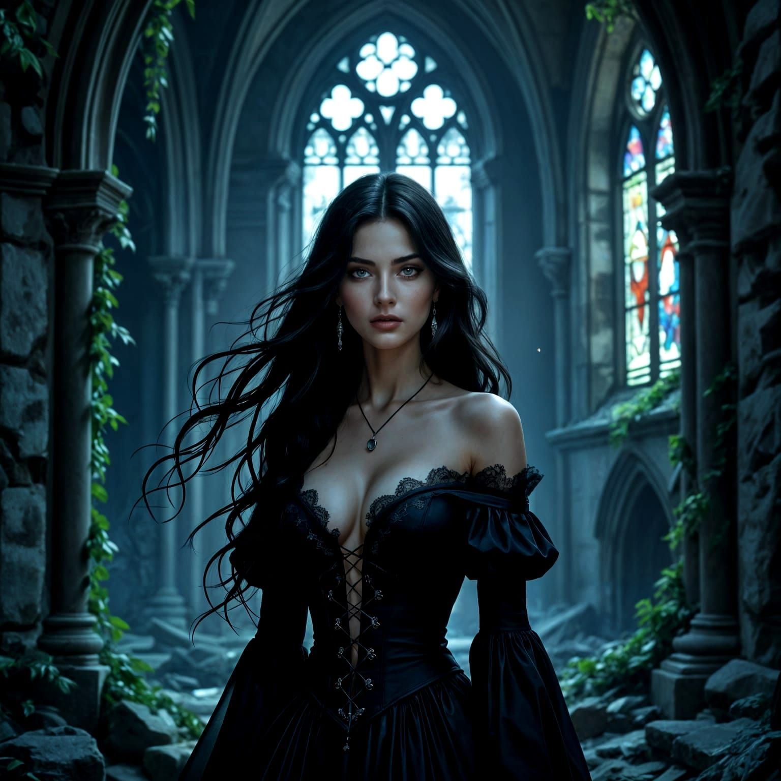 Ethereal Woman in Gothic Cathedral Ruins