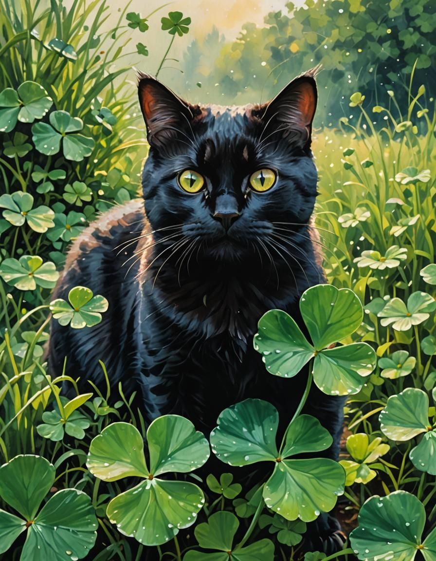 British Black Cat Hiding Behind Four-Leaf Clover