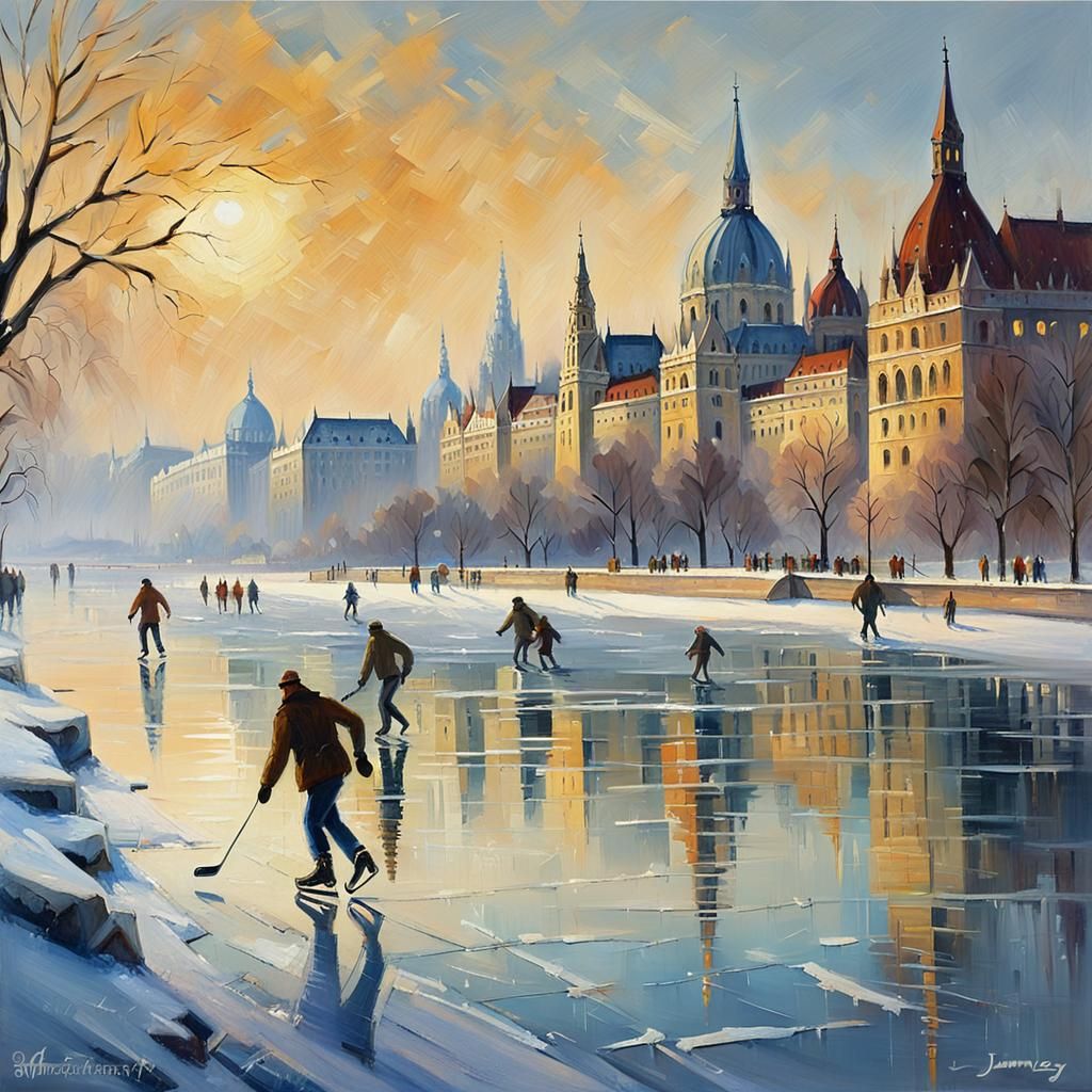 Ice Skating on the Danube: An Impressionist Oil Painting