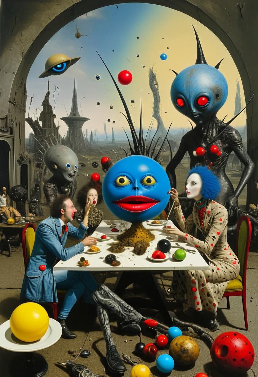 Exotic Aliens Enjoying Lively Banter in Surreal Restaurant