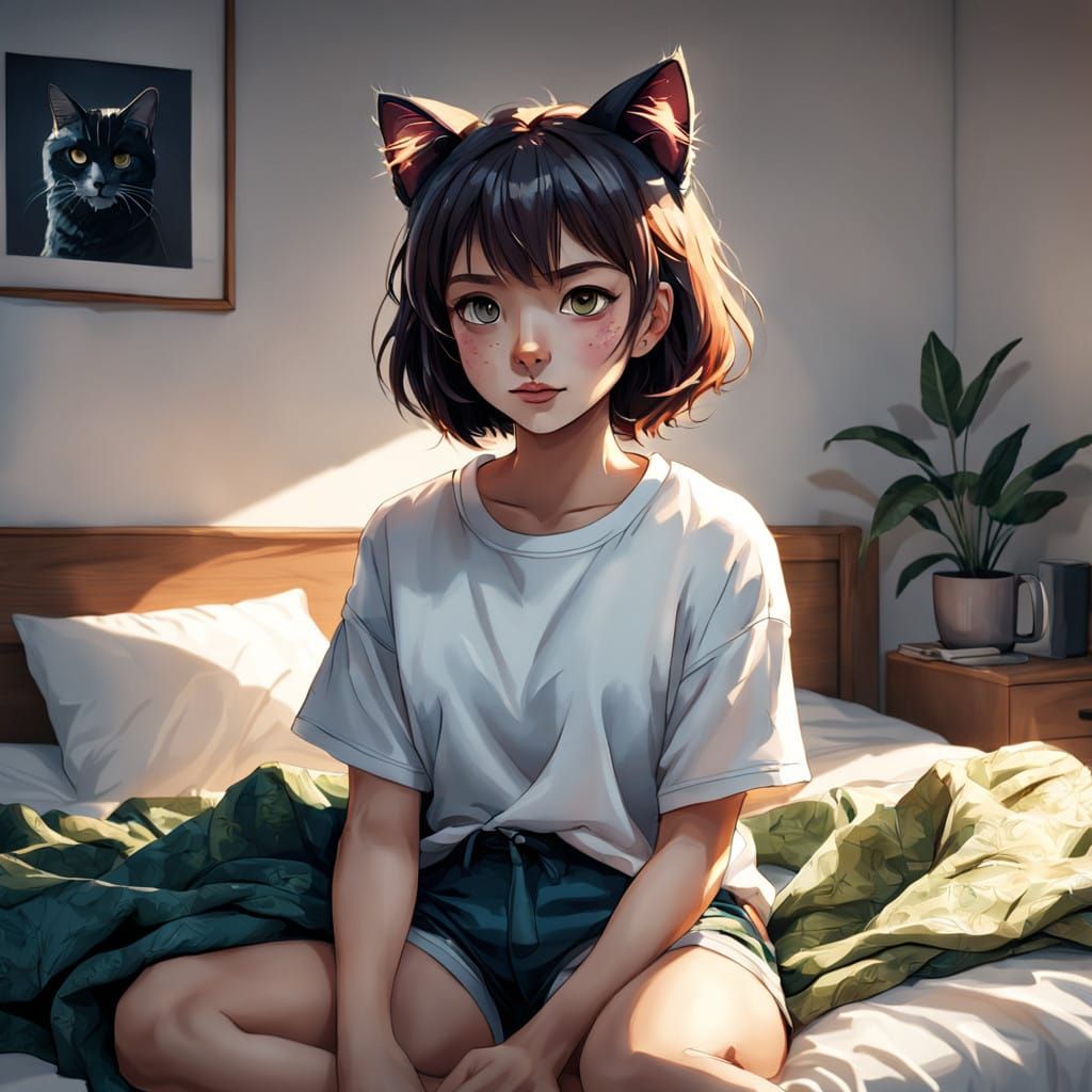 Serene Anime Girl Sits with Coffee and Cat Ears in Morning L...
