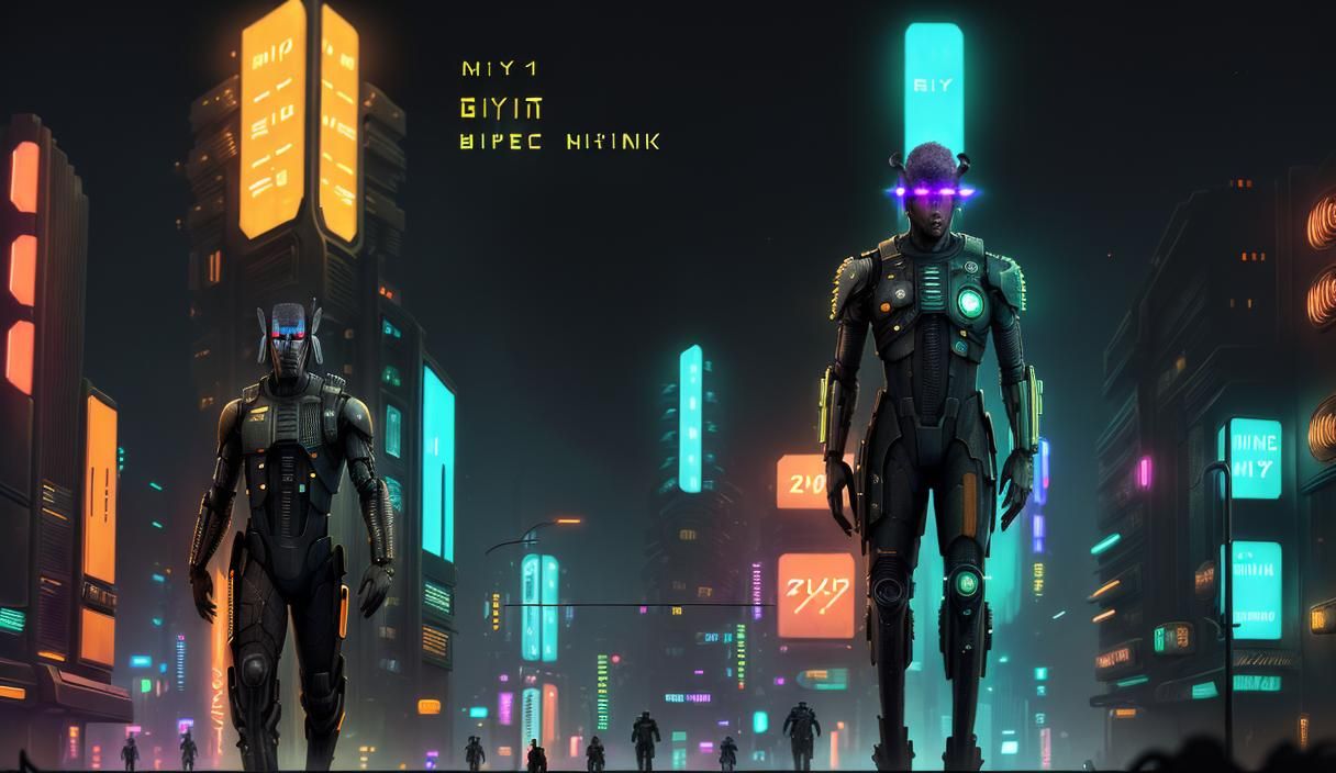 Biopunk African Man in Cyberpunk Cityscape