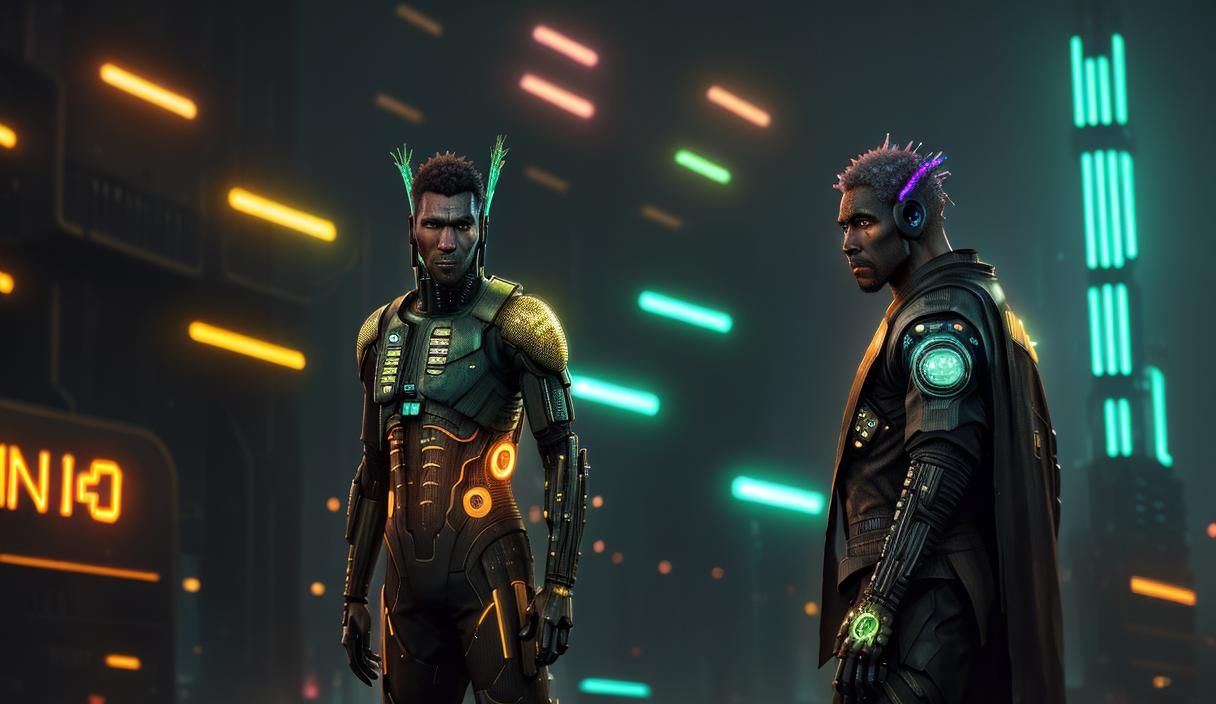 Biopunk African Man in Cyberpunk Cityscape