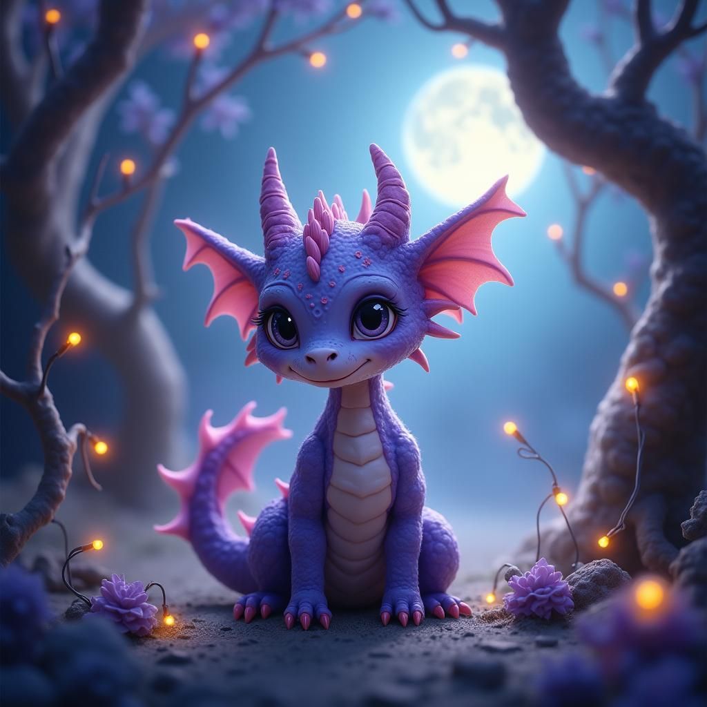 Miniature Dragon in Enchanted Moonlit Forest