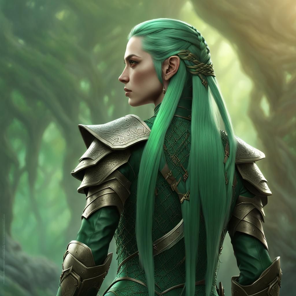 Green-Haired Elf Woman in Detailed Matte Painting