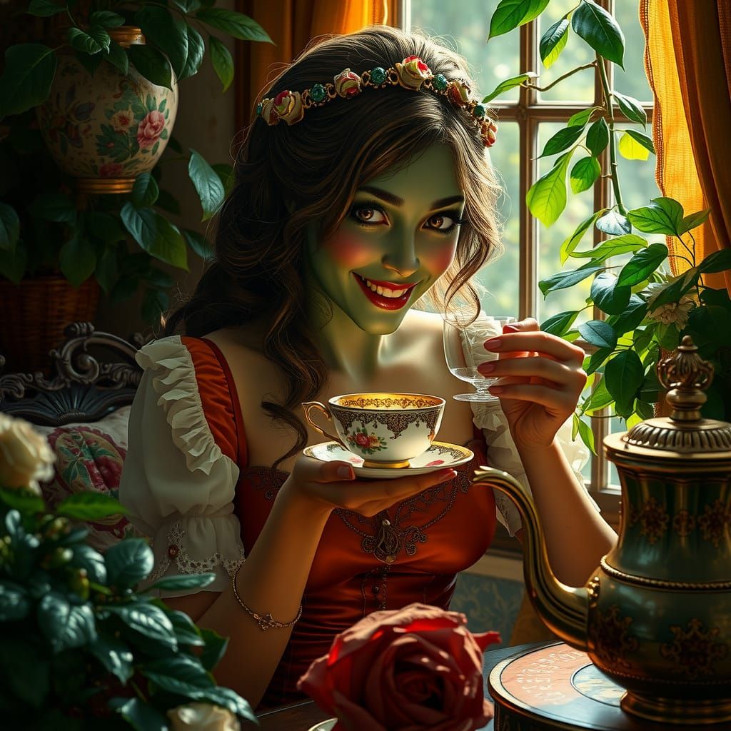 Emerald Muse Sits in Whimsical Renaissance Parlour