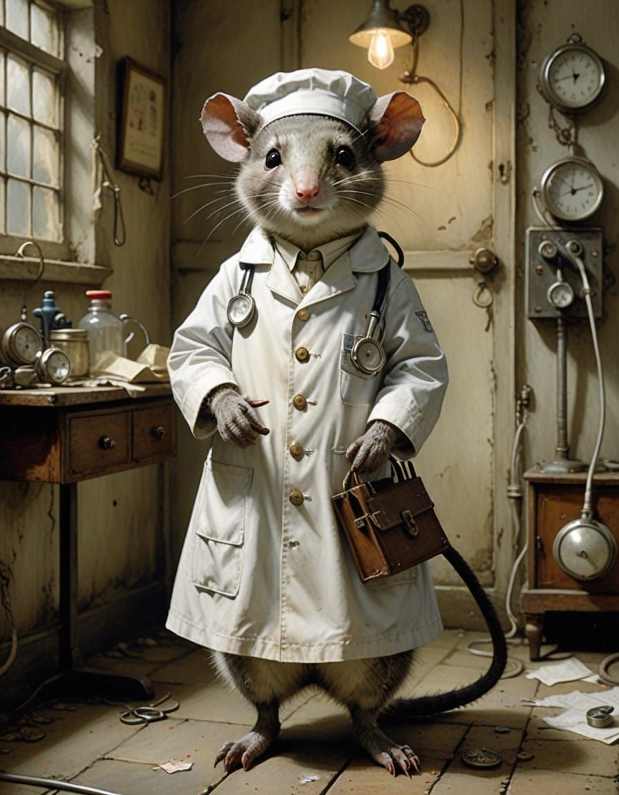 Possum in Whimsical Nurse's Attire in Vintage Hospital Setti...