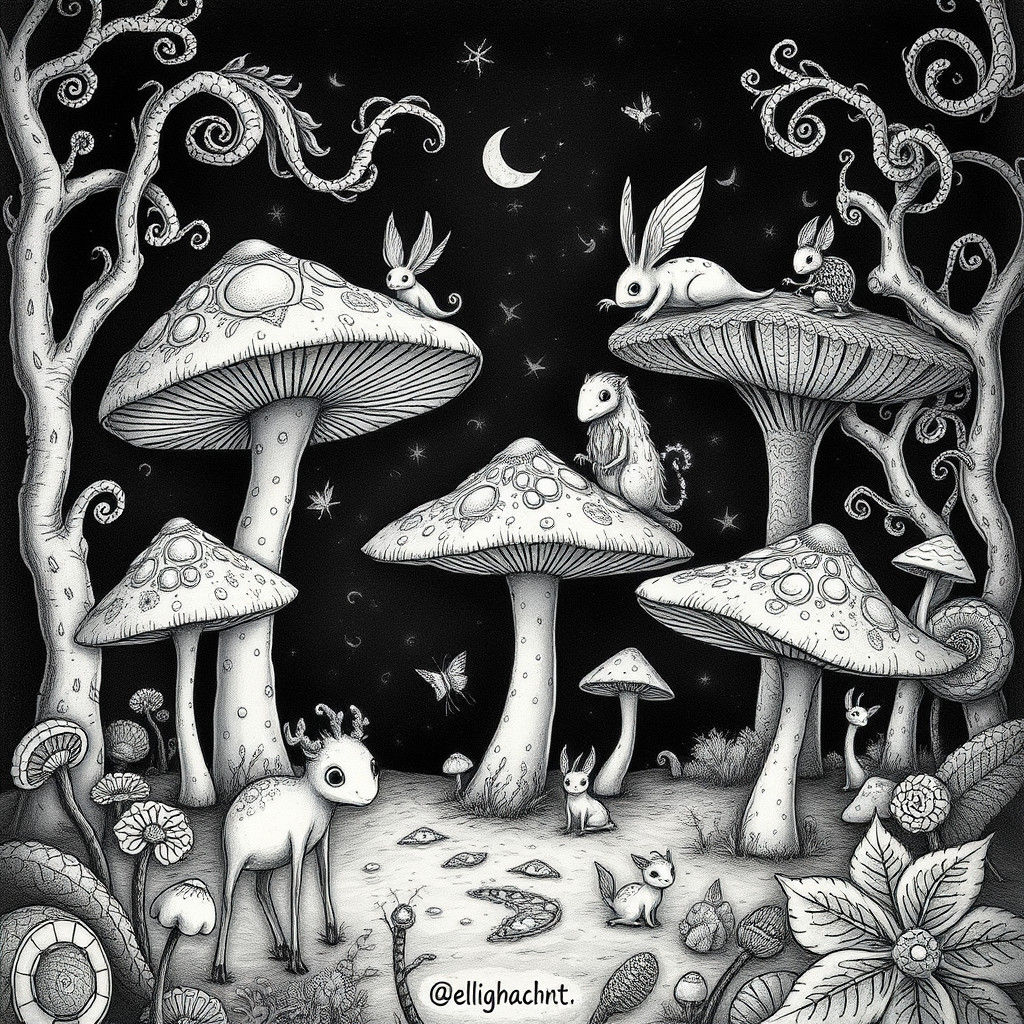 Mystical Doodle Creatures in Mushroom Forest