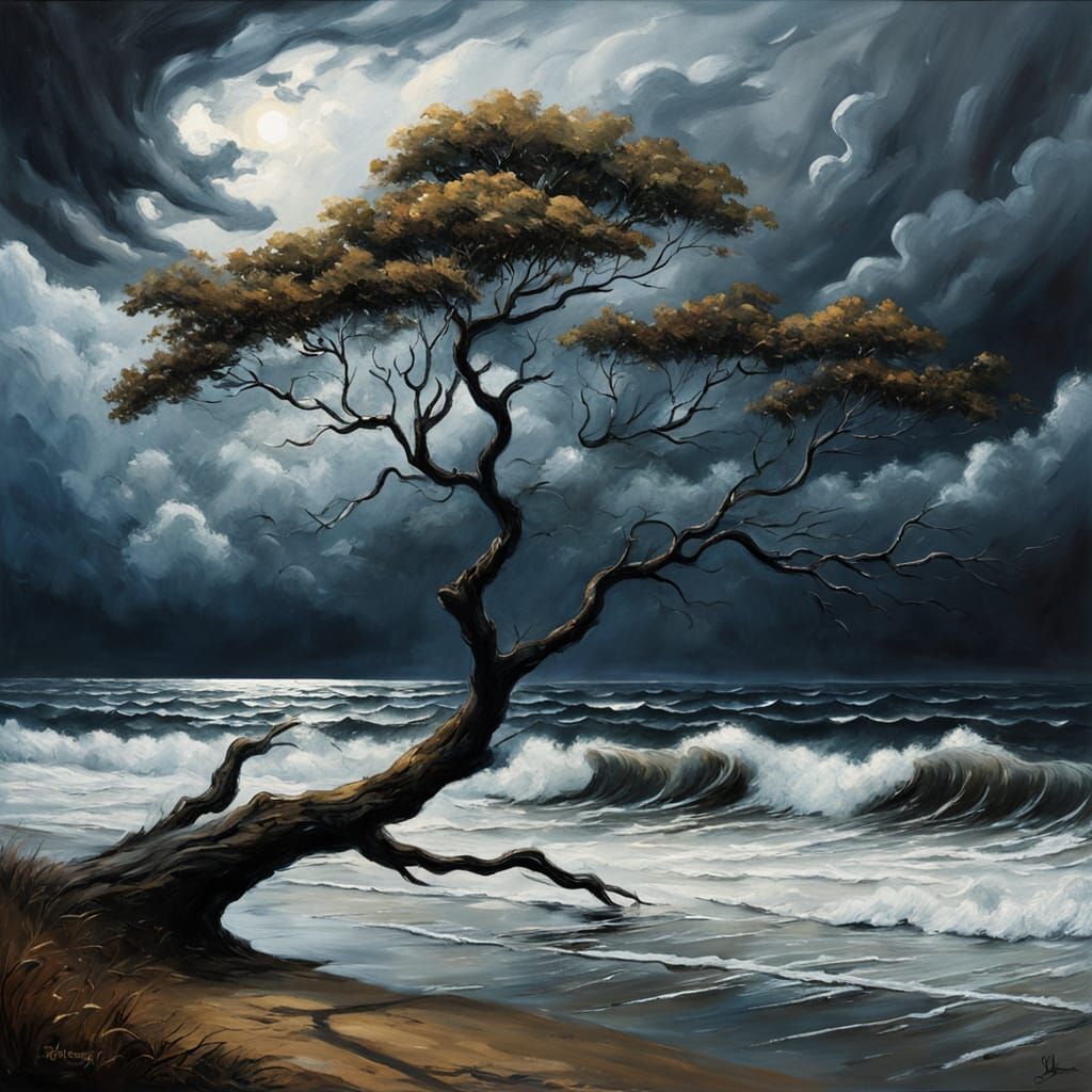 Moody Tree Silhouettes Over Stormy Sea: Oil Painting
