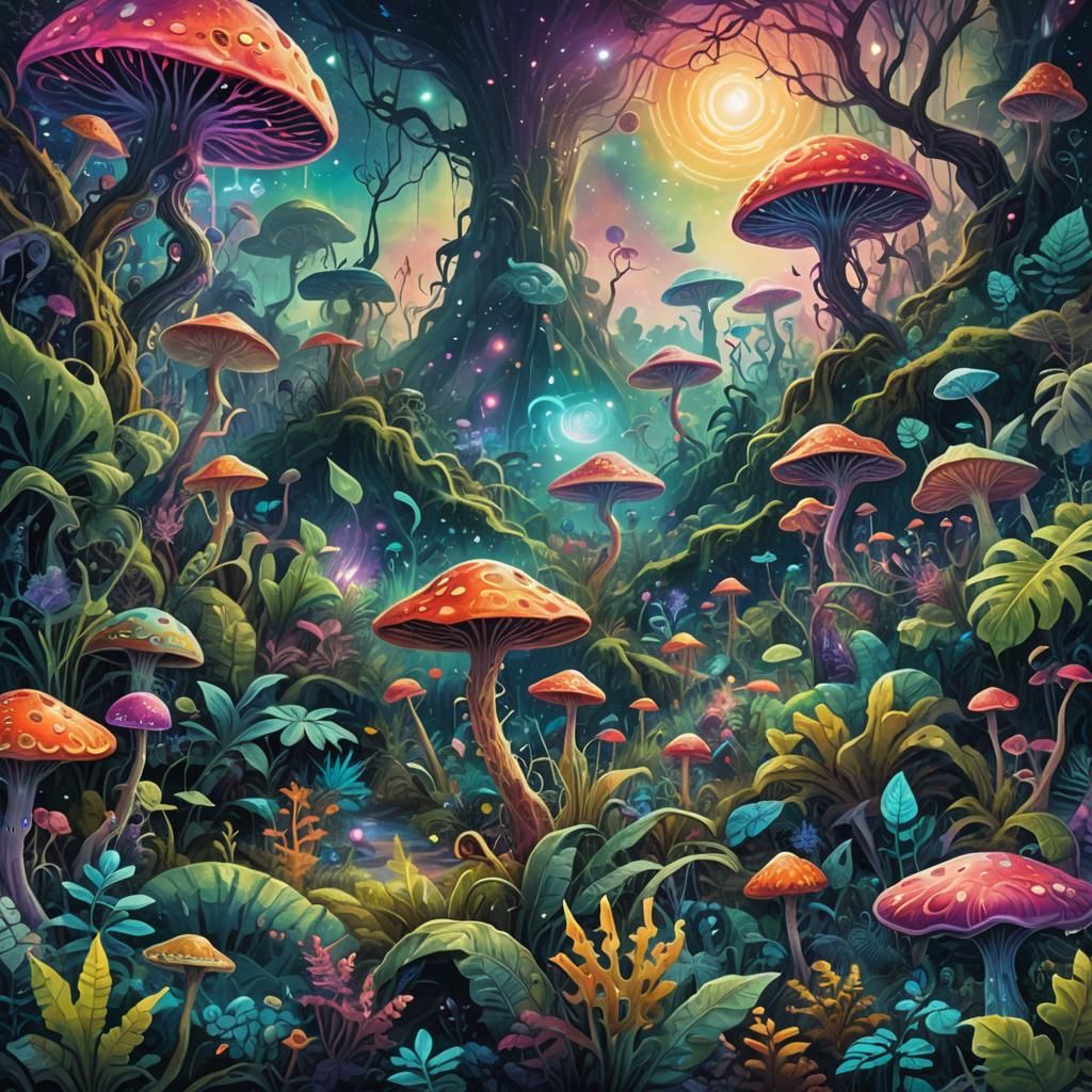 Astral Alien Jungle Landscape in Gouache Style