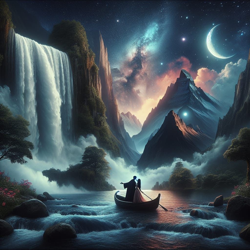 Waterfall Painting Landscape with Couple in Boat