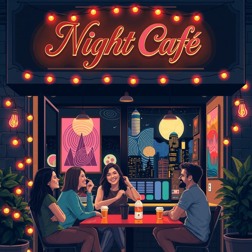 Friends Gather at a Cozy Night Café with Digital Art