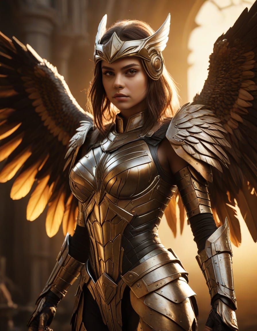 Winged Superheroine in Golden Light: Cinematic Digital Art