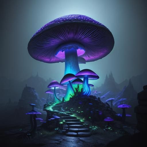 Glowing Mushroom on Castle Stairway in Dreamlike Style