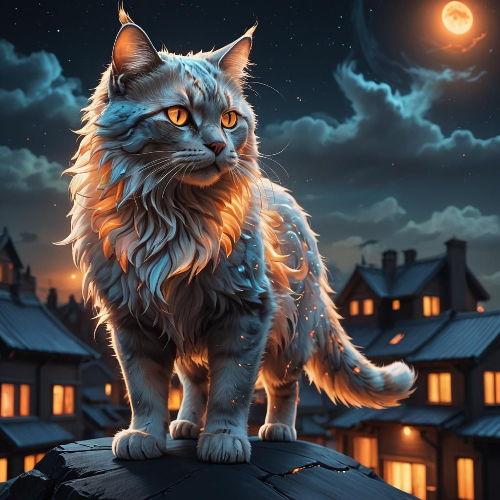 Ethereal Spirit Cat on Rooftop at Night