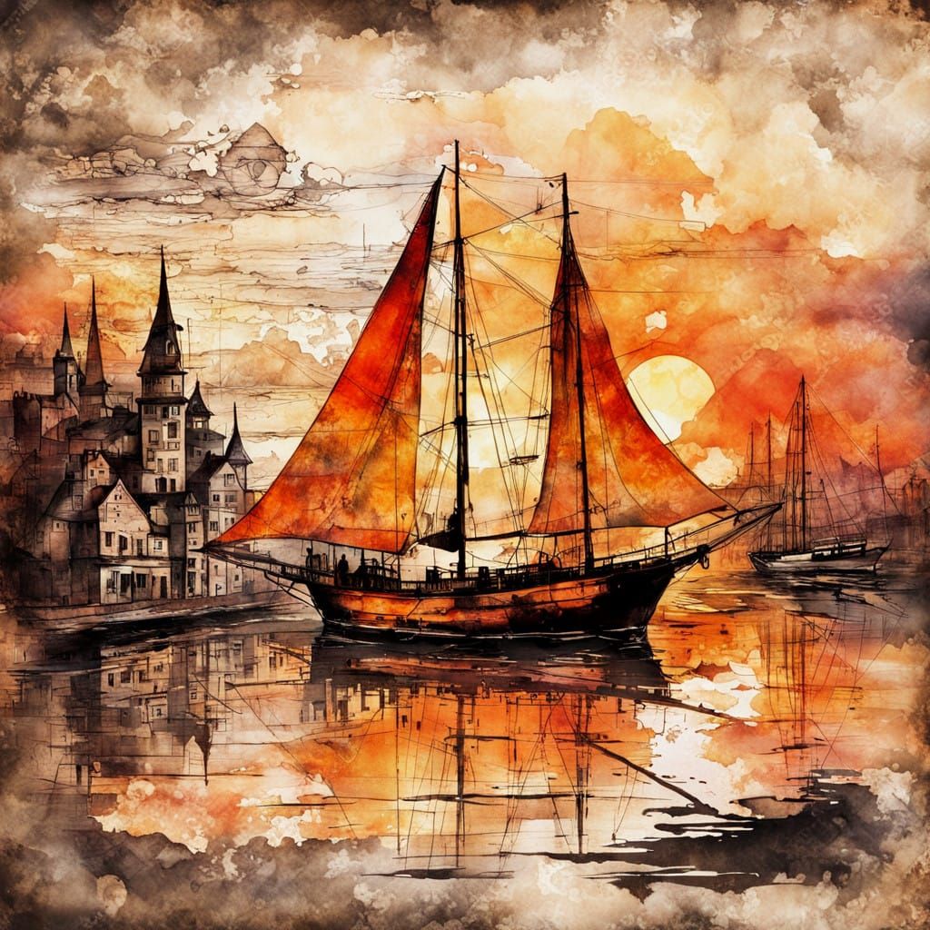 Surreal Steampunk Sailboat in Vibrant Sunset, Ink Painting