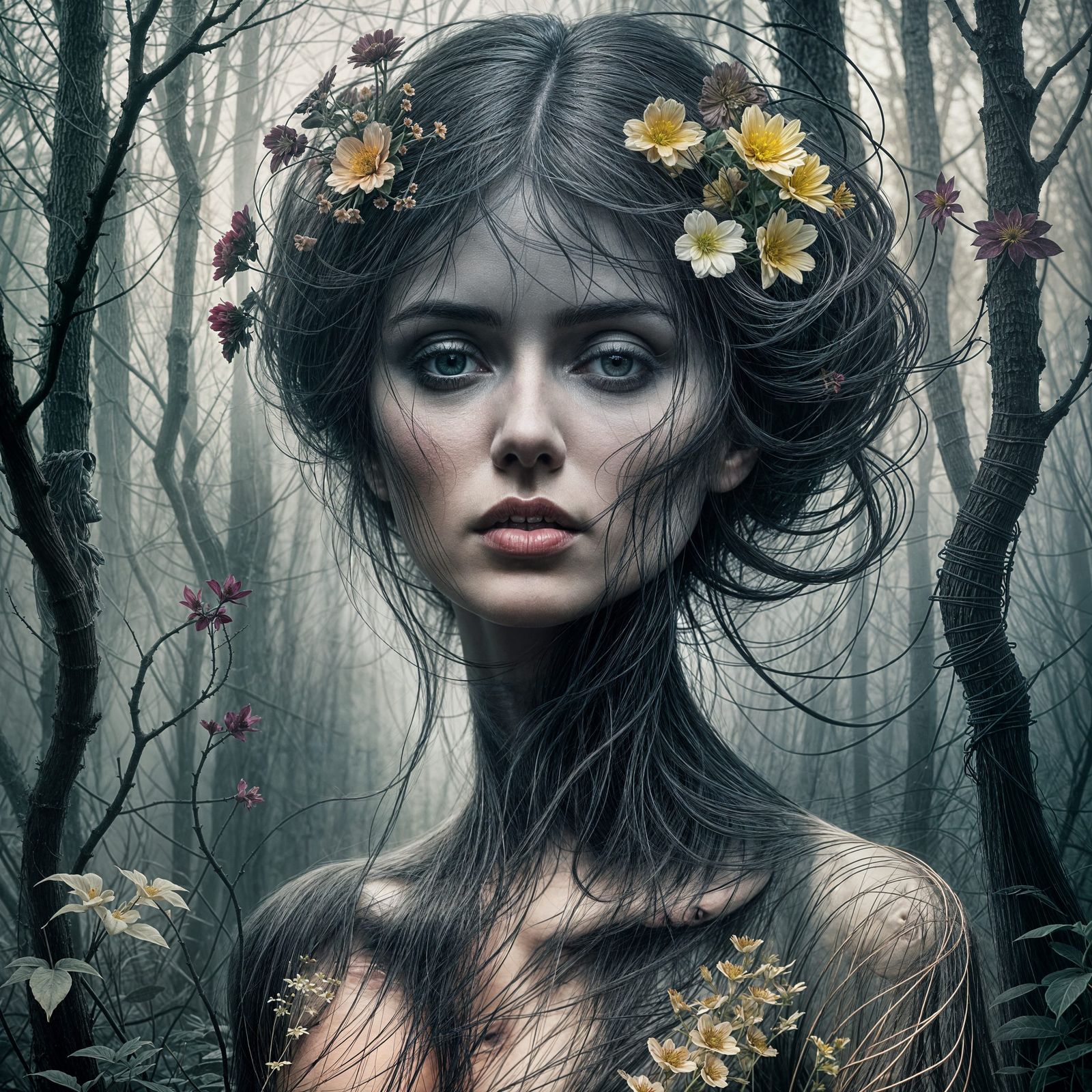 Ethereal Woman of Lines and Flowers