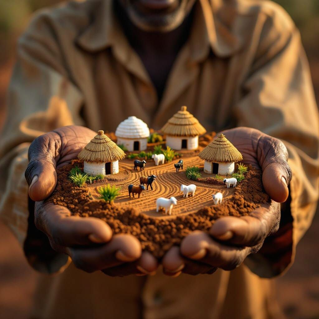 African Village Diorama in Man's Hands, Golden Hour Light