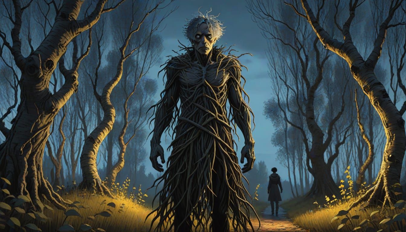 Eerie Dark Figure in Twilight Grove: Comic Art Style