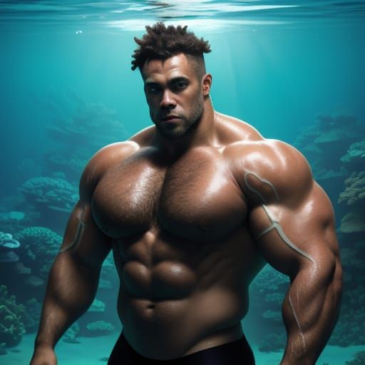 A glowing underwater biopunk beefcake bodybuilder working out near the Great Barrier Reef.