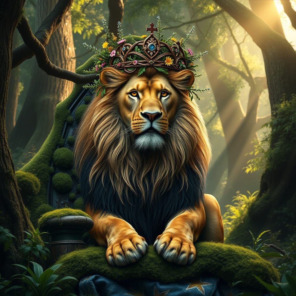 Regal Lion on Forest Throne: Renaissance Painting