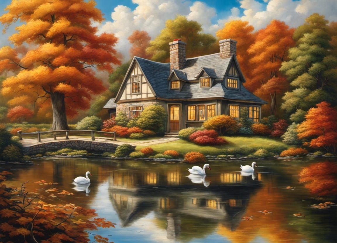 Autumn Cottage by Pond with Ducks and Swans