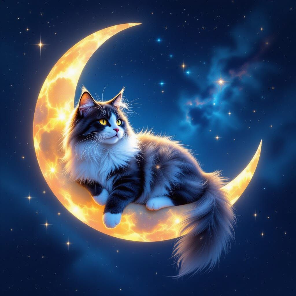 Cosmic Cat on Crescent Moon with Black Hole Eyes