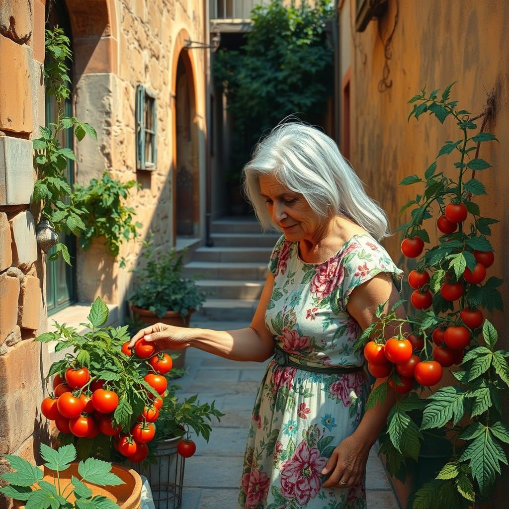 Italian Village Woman Picking Tomatoes in Vibrant Impression...