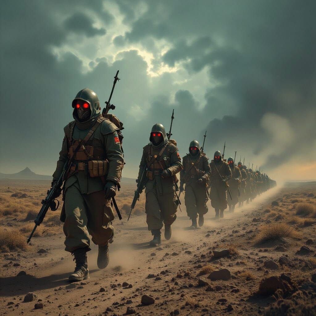 Ants Marching in Military Procession Under Stormy Skies