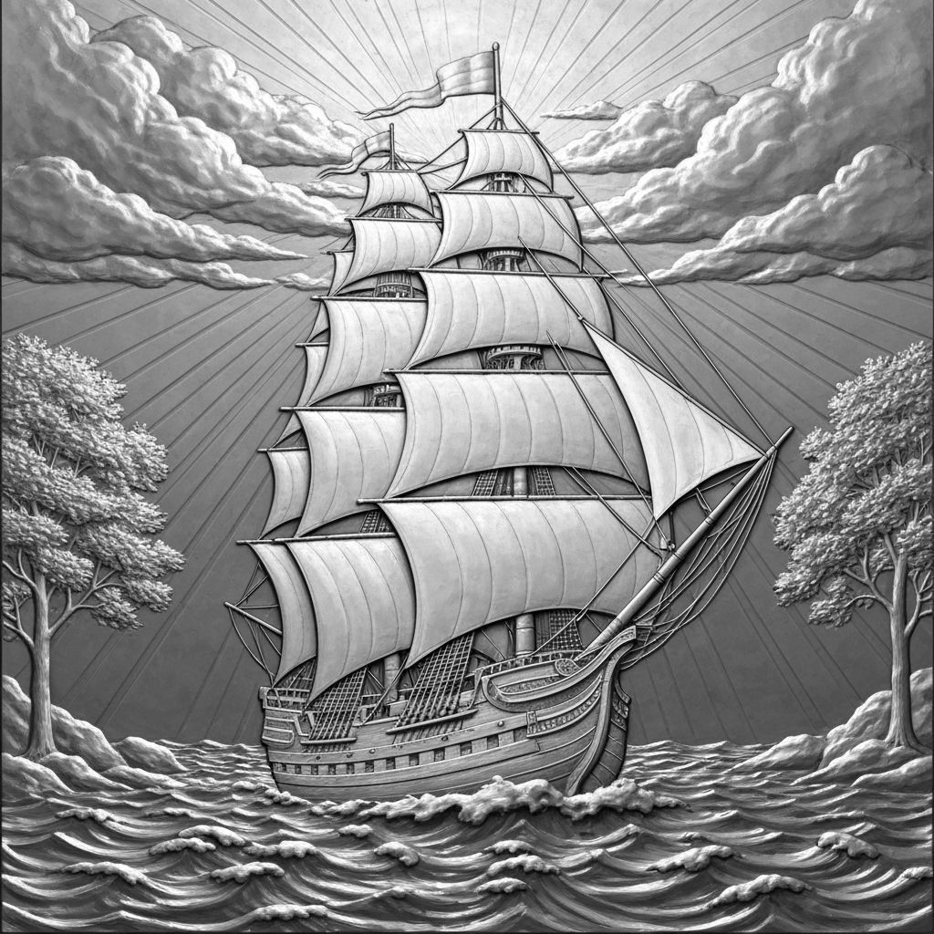 Majestic Ship Sails Through Dramatic Seas in Neo-Renaissance...