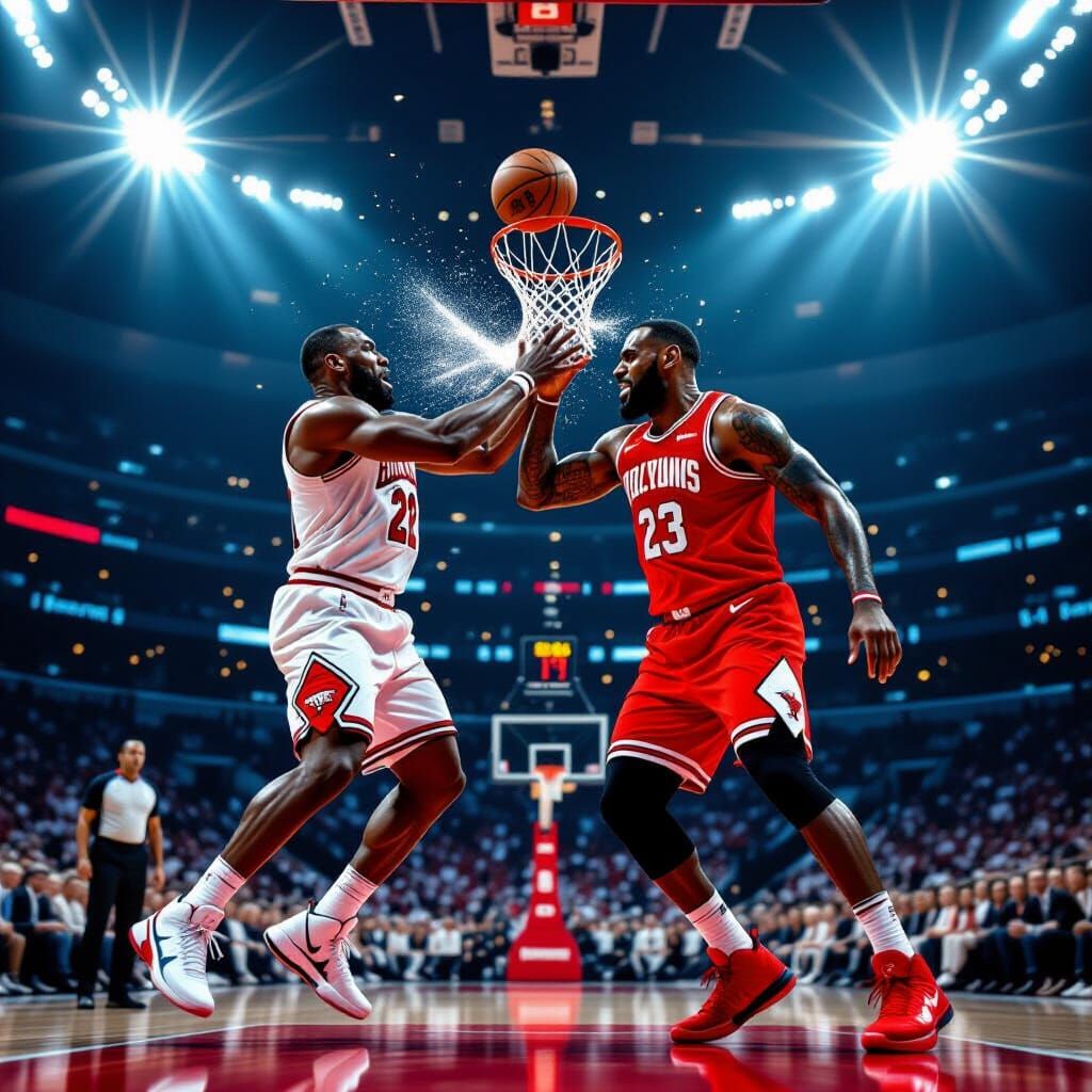 Jordan vs LeBron Mid-Air Collision in Dramatic Sports Photo