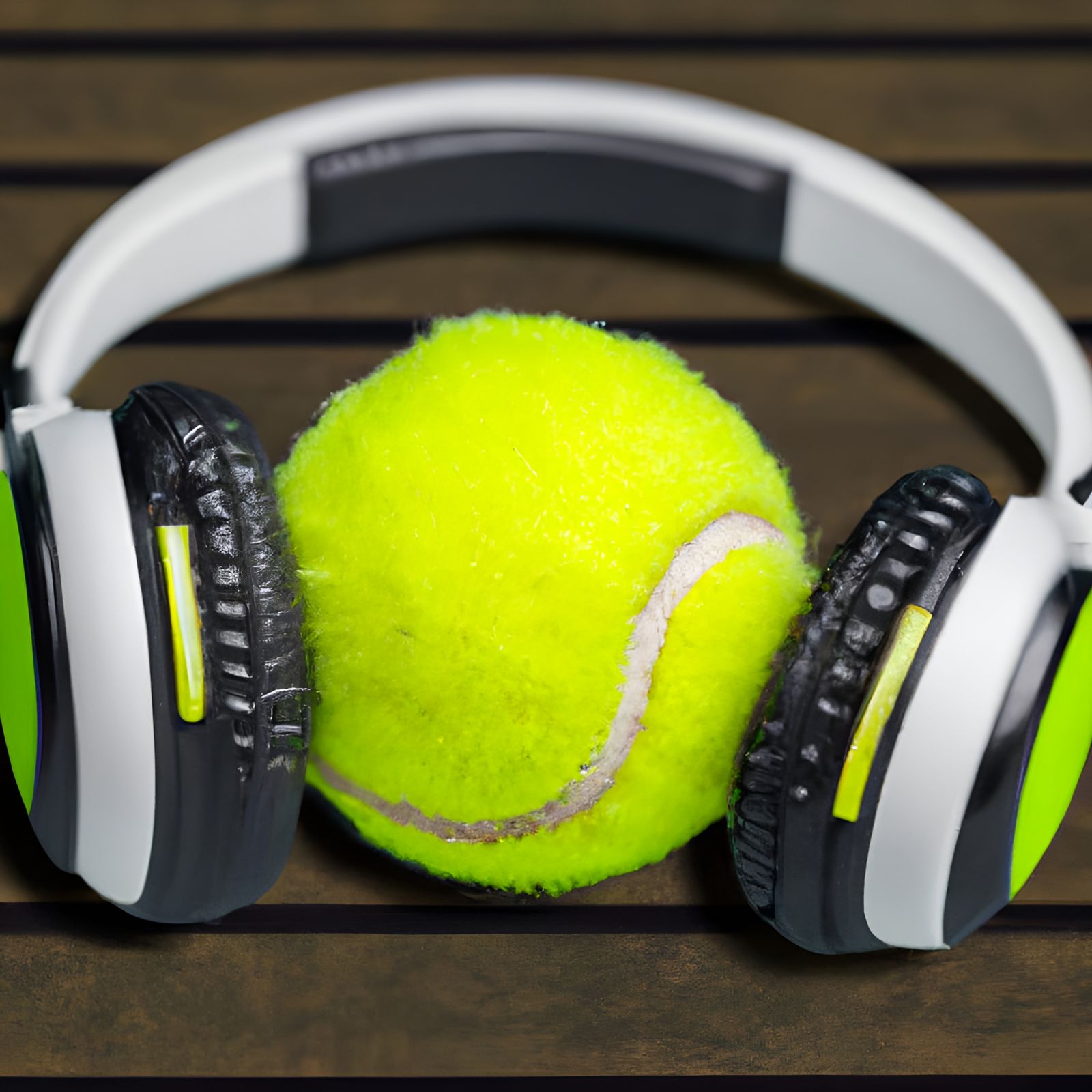 Tennis Ball Headphones on Desk: AI-Generated Image