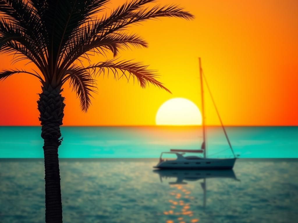 Tropical Sunset with Palm Tree and Sailboat